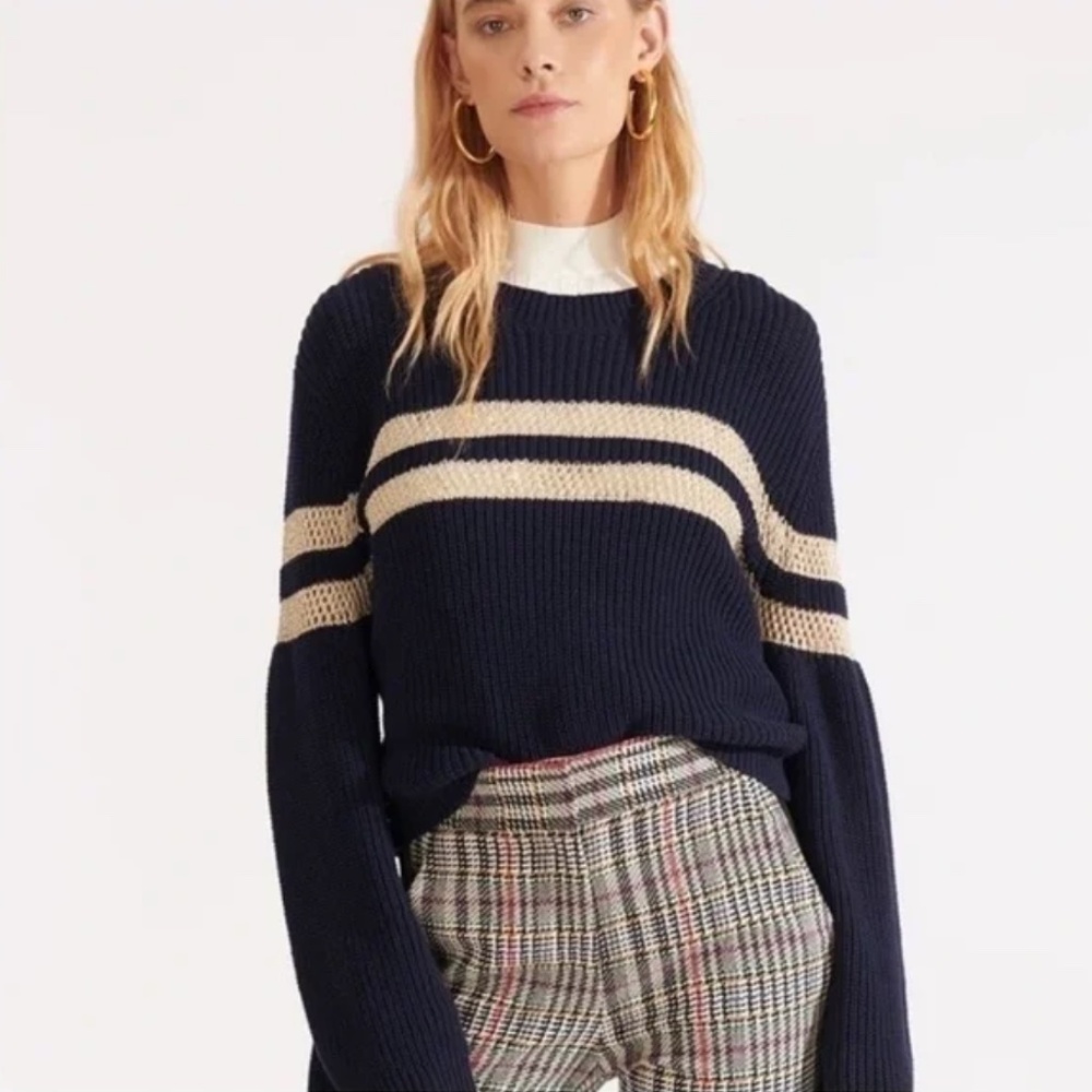 Veronica Beard Georgiana Crewneck Sweater - Navy & Cream Stripe, size M